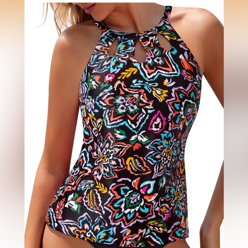 Tempt Me Colorful Paisley High Neck Tankini Top Backless  Key Hole Top Only L